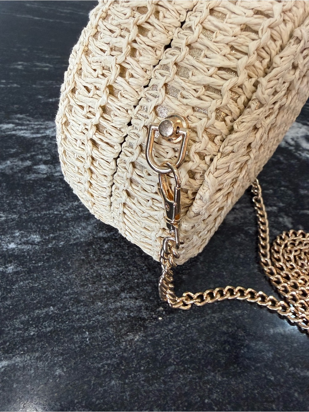 HAUTE HIPPIE Woven Round Crossbody Bag in Natural with Gold Chain & Gold Shimmer - Picture 4 of 14